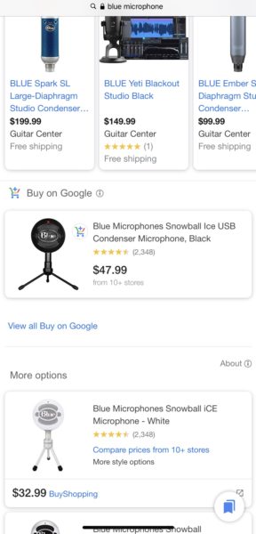 "Buy on Google" listing shown on Google Shopping mobile results.