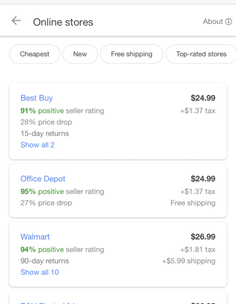 Online store options in Google Shopping