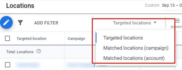 Targeted locations or matched locations reporting in Google Ads.