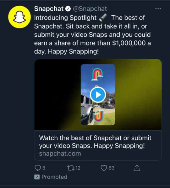 Snapchat Spotlight ad on Twitter