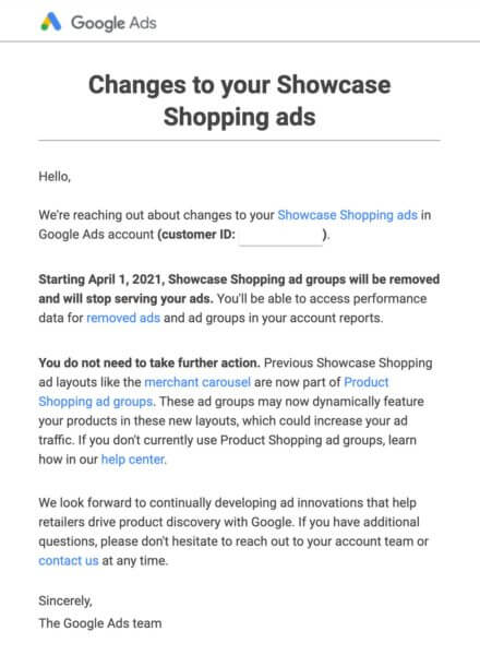 Google's email to advertisers announcing the deprecation of Showcase Shopping ads.