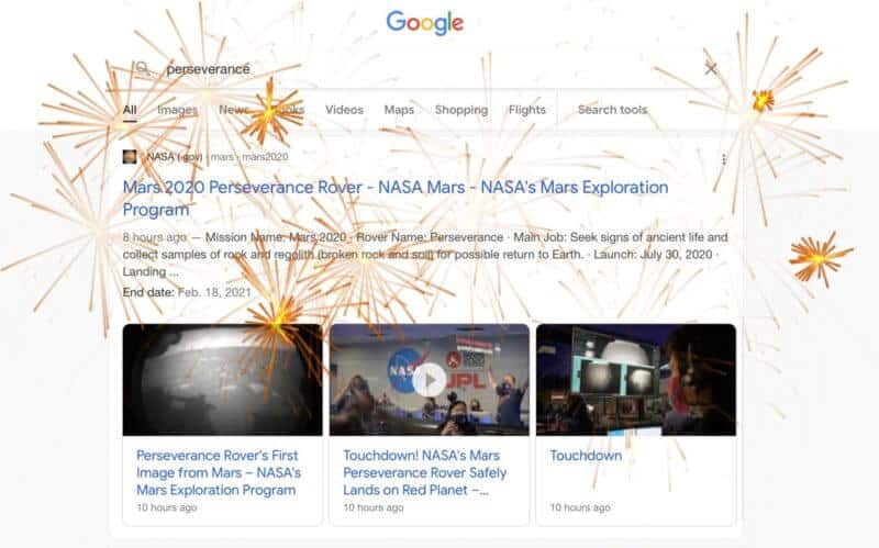 Screenshot of Google search with fireworks superimposed over a search for "perseverance" the Mars rover