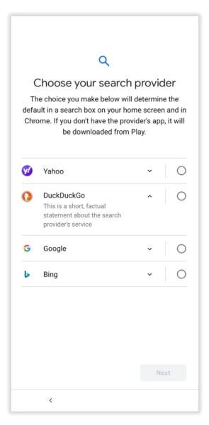 An example of the search choice screen, with four options, including Google.