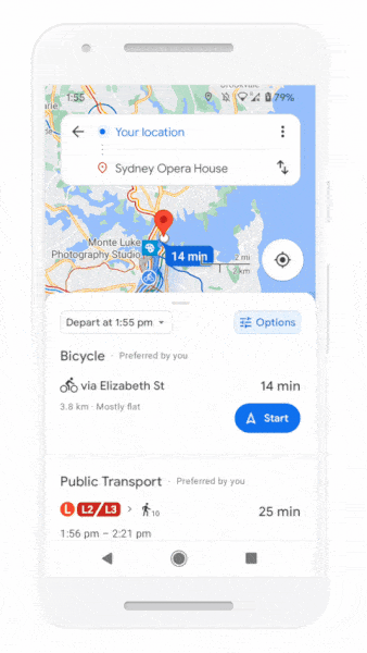 Google Maps' updated directions interface.