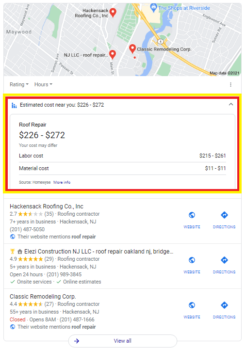 Cost estimates within Google's local pack of search results