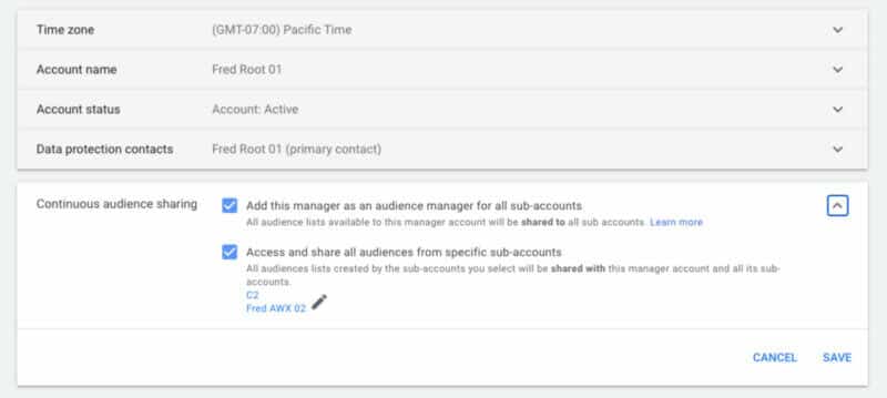 continuous audience sharing settings in Google Ads
