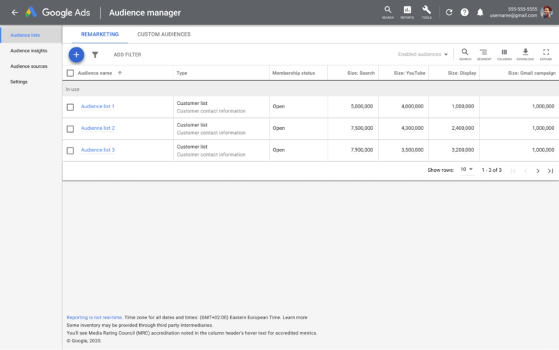 The Customer Match audience manager in Google Ads
