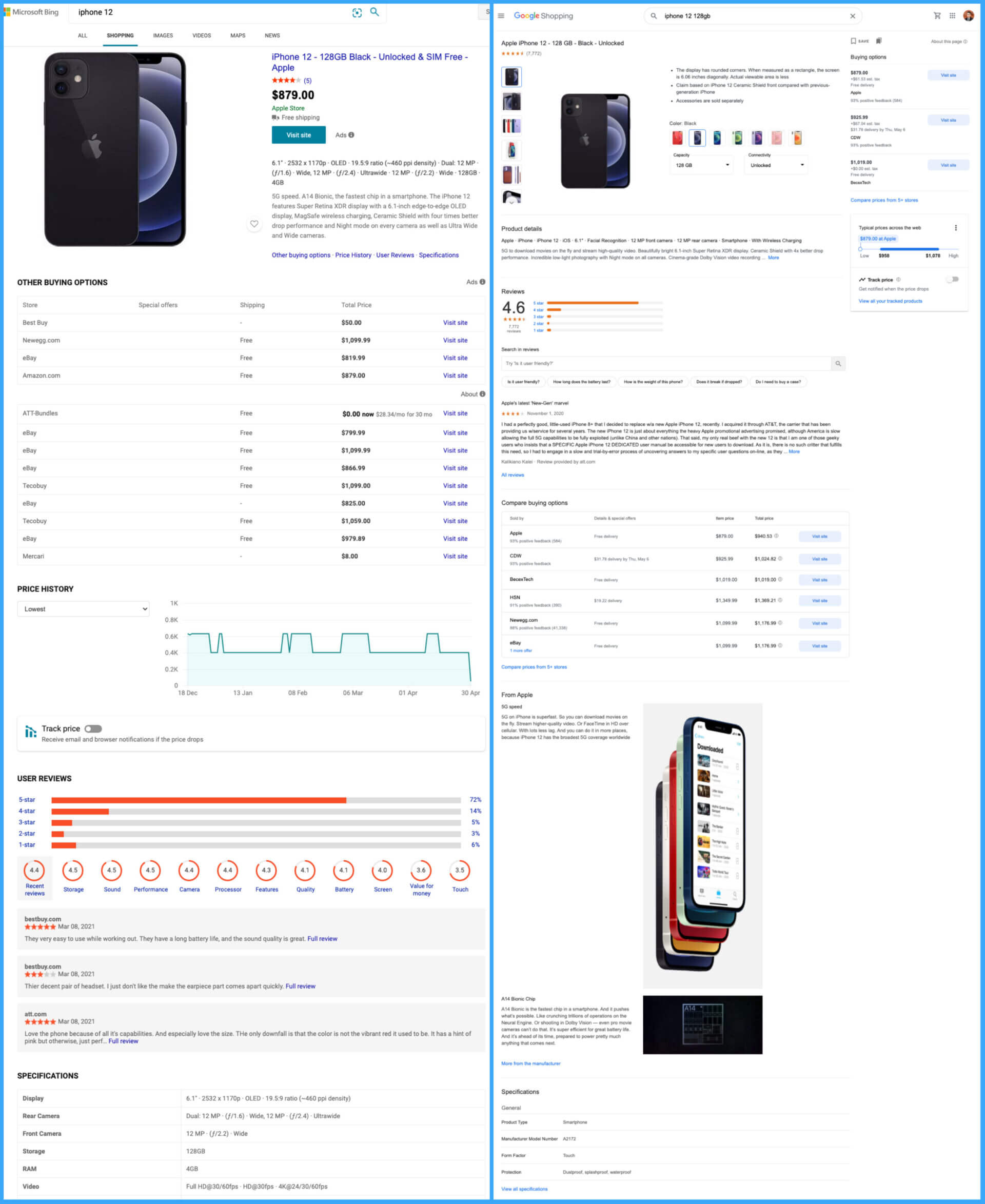 A Bing product detail page compared with a Google product detail page.