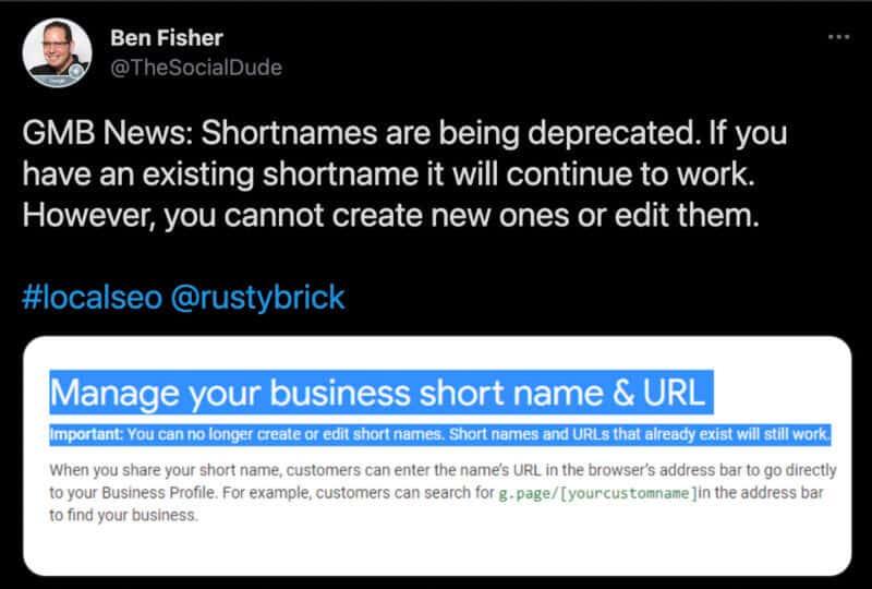 GMB News: Shortnames are being deprecated. If you have an existing shortname it will continue to work. However, you cannot create new ones or edit them.