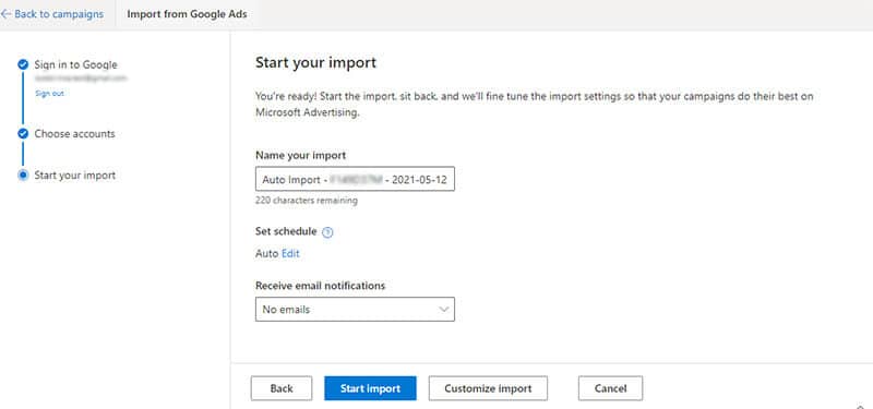 The Google Import workflow in Microsoft Advertising.