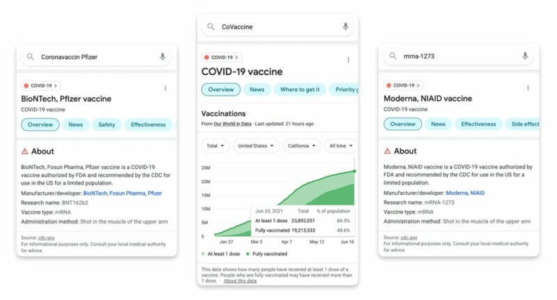 Examples of search results for vaccines, powered by Google’s MUM