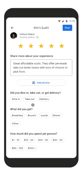 A GIF showing new prompts you can answer on Google Maps to share even more helpful information about a business.