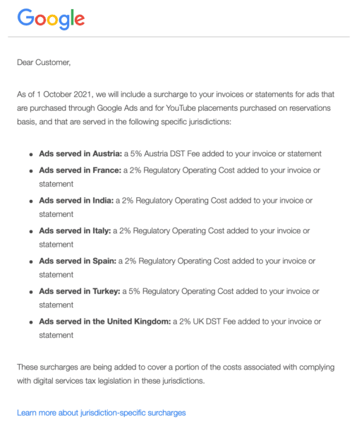 Google Ads regulatory operating cost surcharge notice emailed to advertisers.