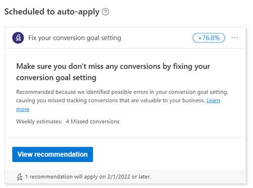 microsoft auto apply recommendation schedule